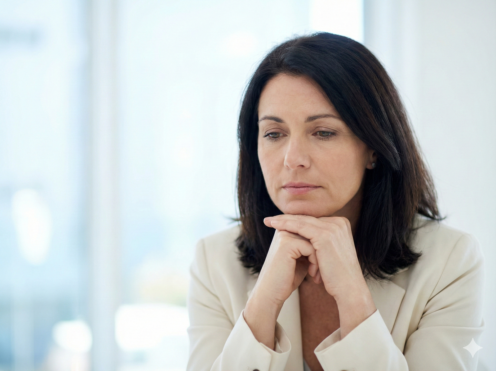 Mulher com olhar de exaustão silenciosa